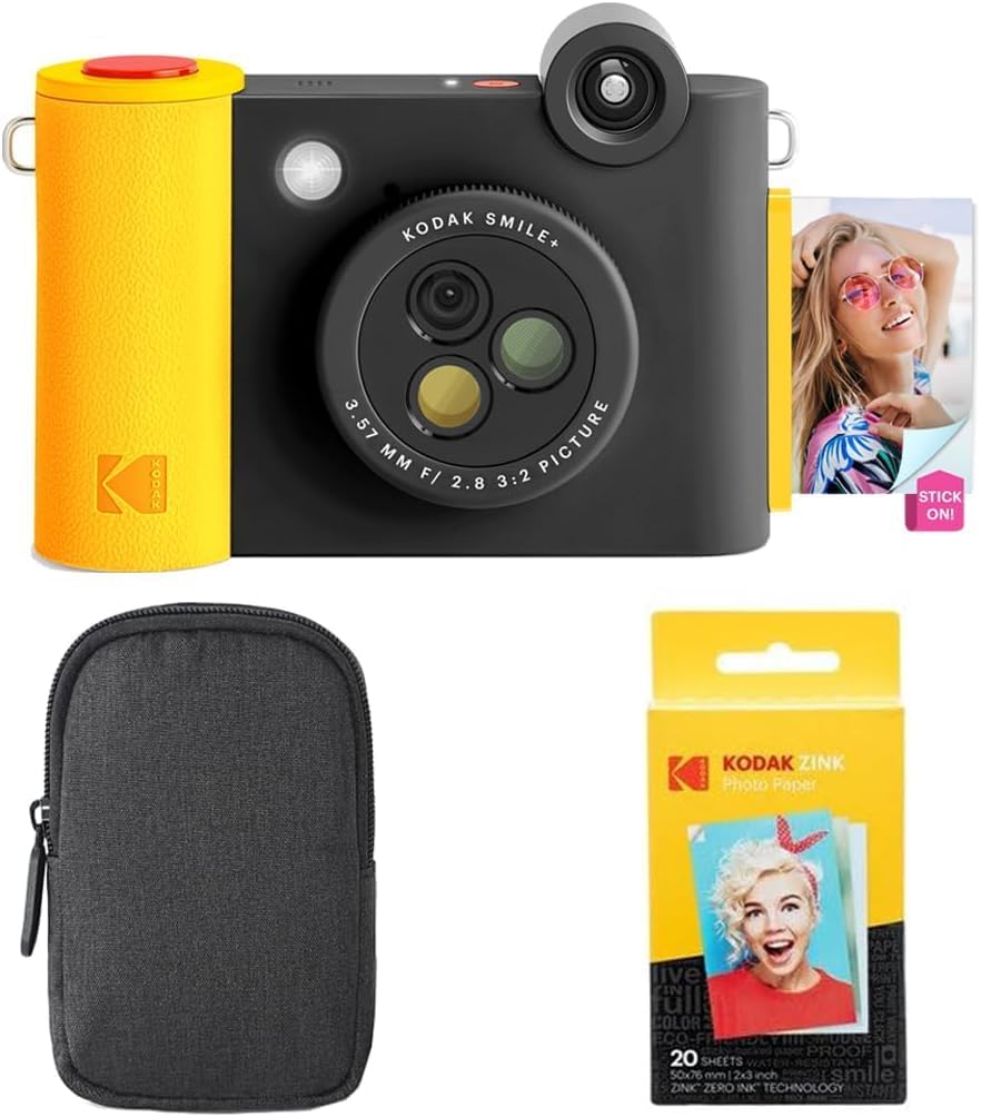 Kodak Smile+ 2-in-1 Digital Instant Print Camera & Wireless Bluetooth Photo Printer Starter Bundle + Carrying Case + Zink 20pk Sticky-Back Photo Paper - 10MP, Special-Effect Rotating Lens - Black