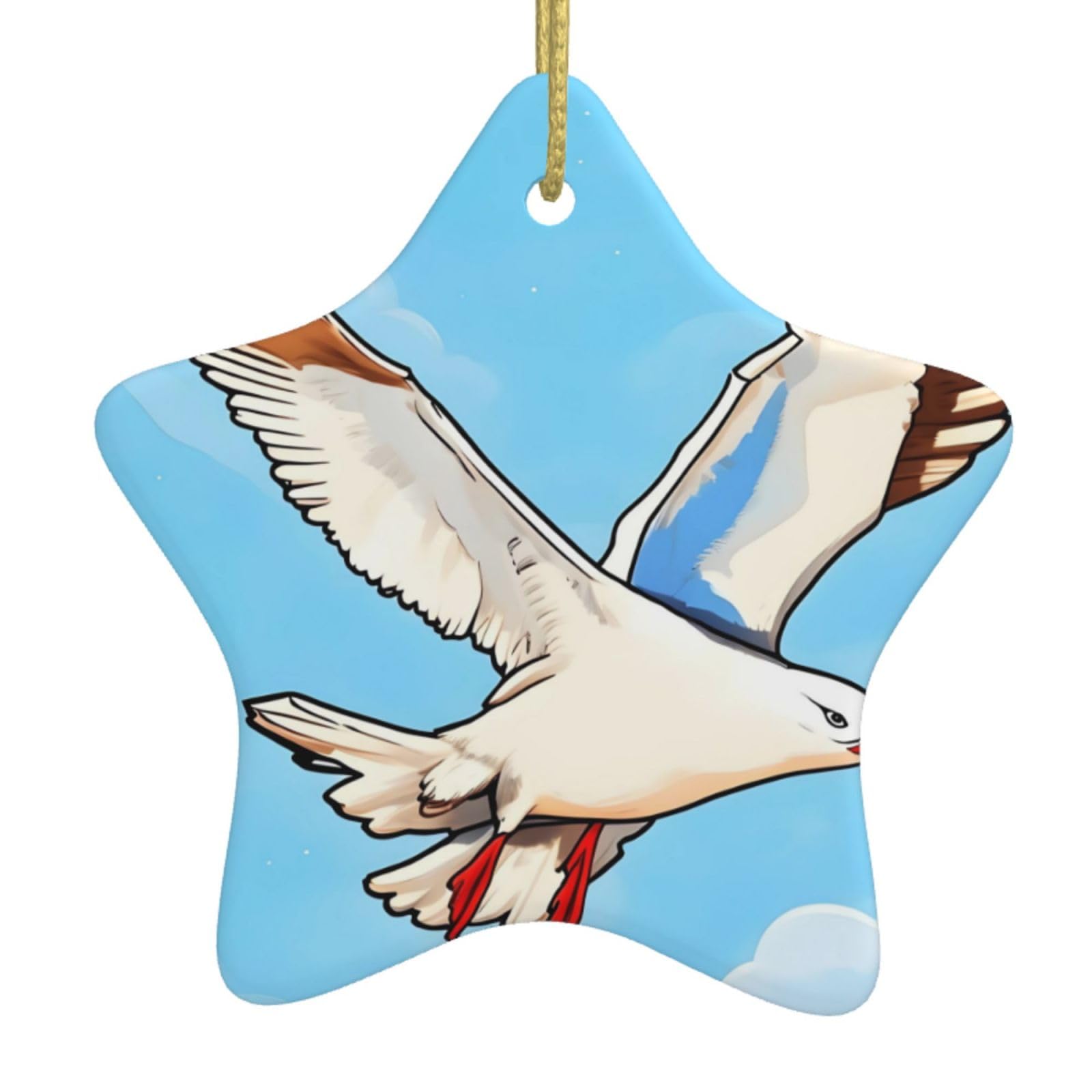 Flying Seagulls Christmas Ceramic Star Pendant with Punched Holes and Gold Wire Rope, Christmas Tree Home Decoration