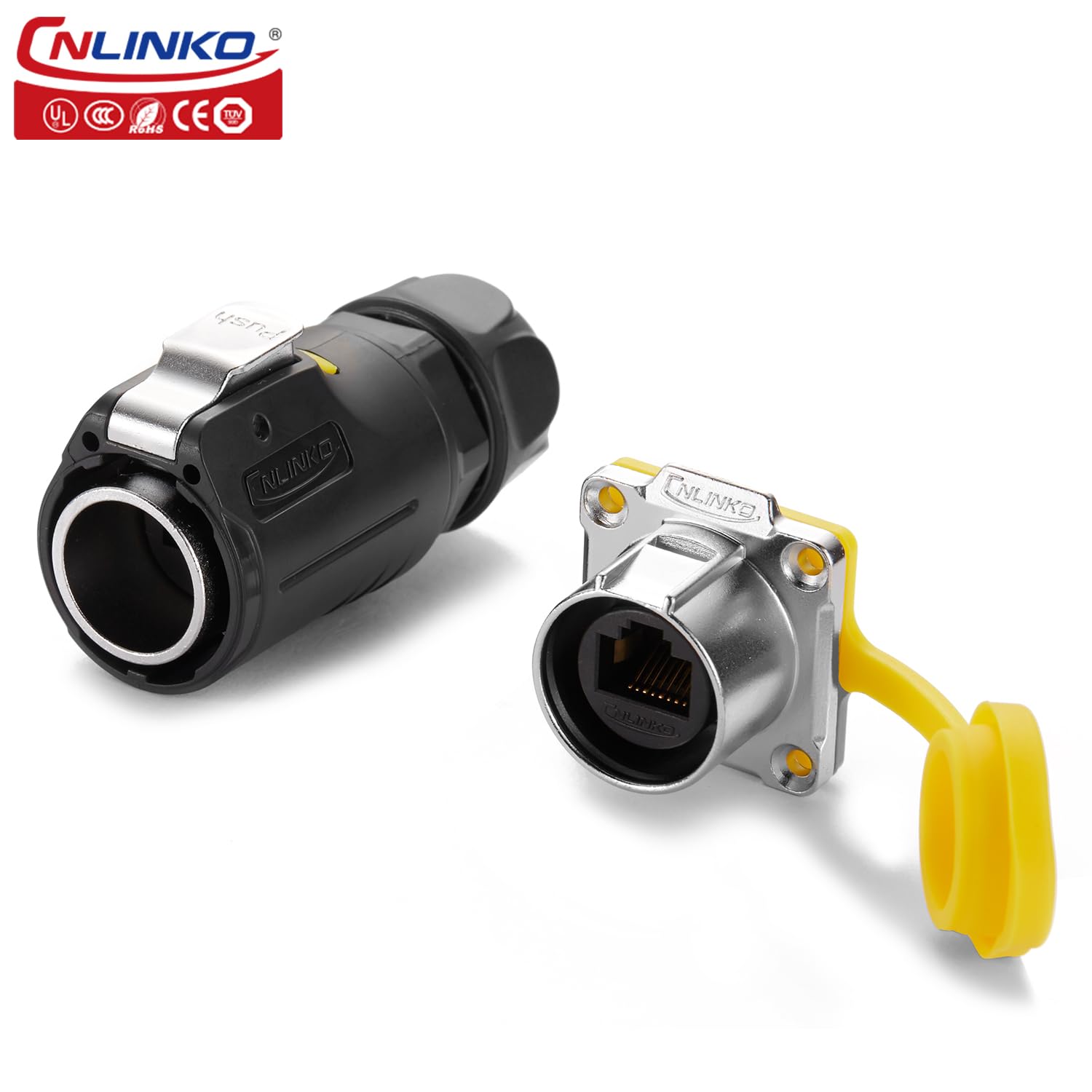 CNLINKO LP-24 Conectores RJ45, 8P8C Conector de Doble Puerto,Conector Circular para Conexiones de Red, Receptáculos de Montaje en Panel Zócalo IP68 Impermeable Conector M24 (Juego RJ45)