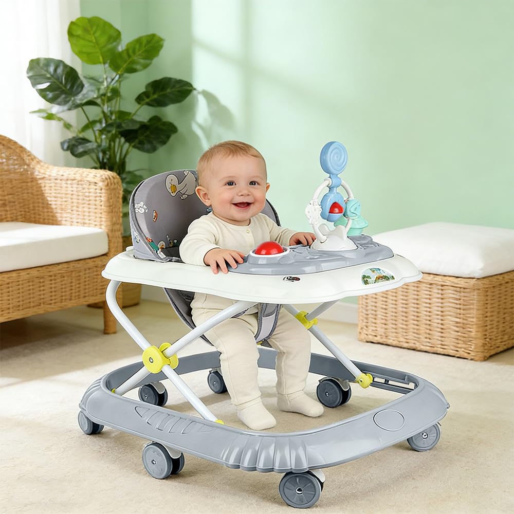 Girarrosto pieghevole per bambini, altezza regolabile, girello con musica, giocattolo per bambini (grigio, 67 x 72 x 92 cm)