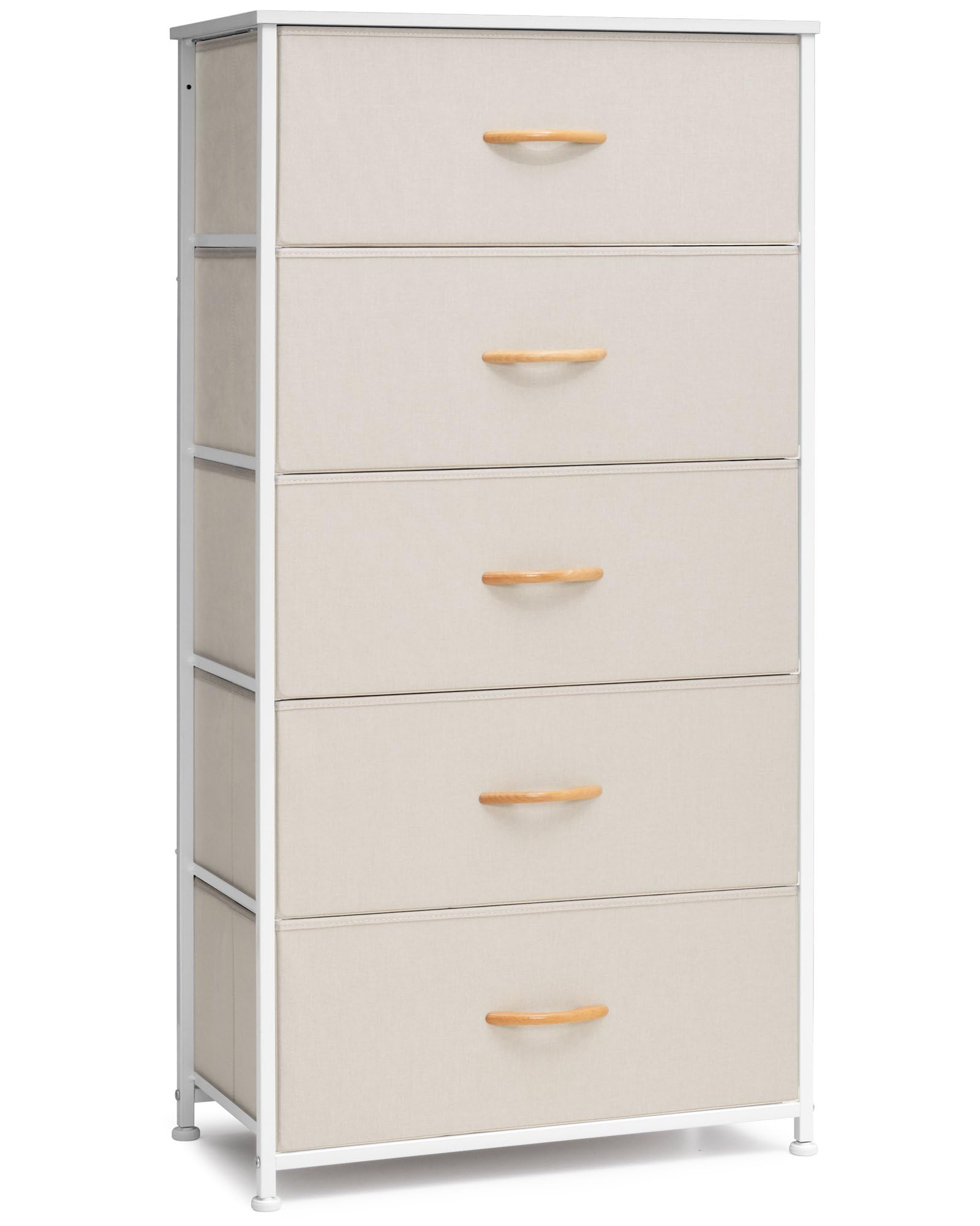 Crestlive ProductsVertical Dresser Storage Tower - Sturdy Steel Frame, Wood Top, Easy Pull Fabric Bins - Wide Organizer Unit for Bedroom, Hallway, Entryway, Closets - 5 Drawers(Beige)