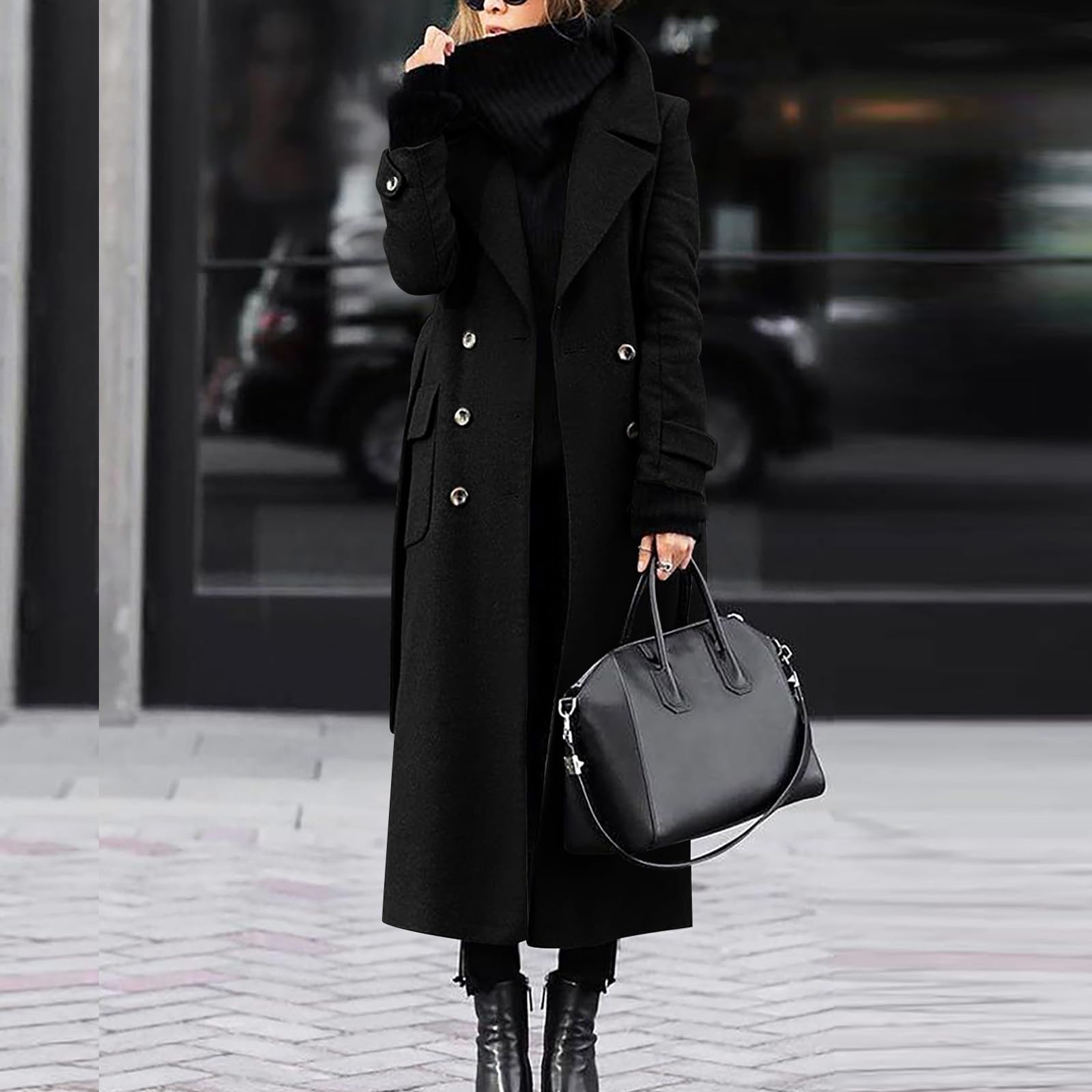 Damen Wintermantel Lang Warm Wolle Mantel Elegant Zweireihig Dicke Winterjacke Warme Lange Wollmantel Damen Winter Trenchcoat mit Gürtel Frauen Mäntel Übergang Damenmantel Winter Revers Einfarbig