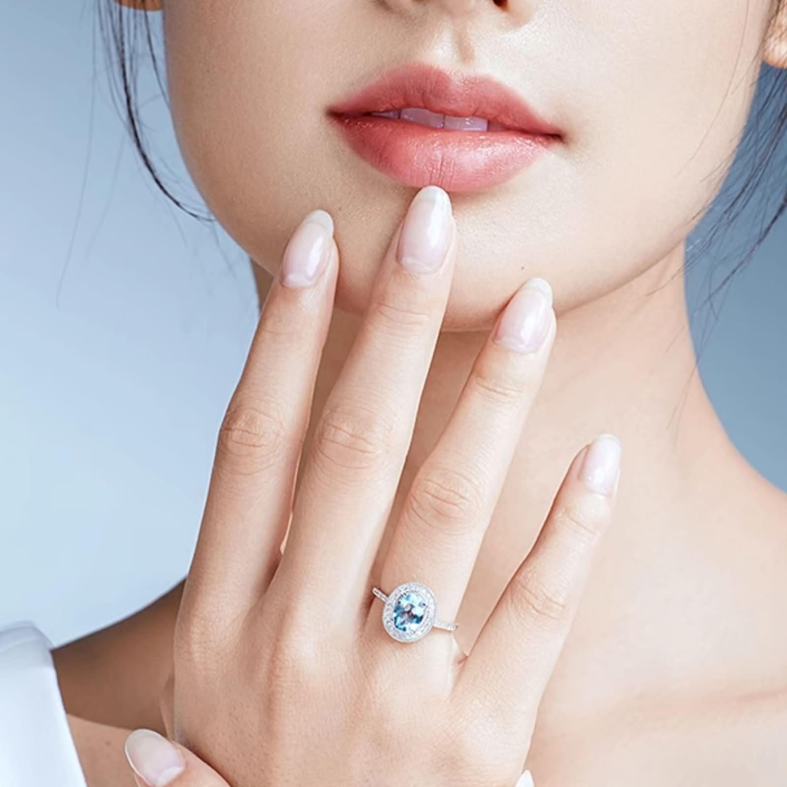 Anillos Mujer de Oro Blanco 9 Kilates / 14 Kilates / 18 Kilates Boda, 4 Garras Oval con Aguamarina de 1,1 ct y Diamante de 0,2 ct, Anillos Alianzas Mujer Plata Azul