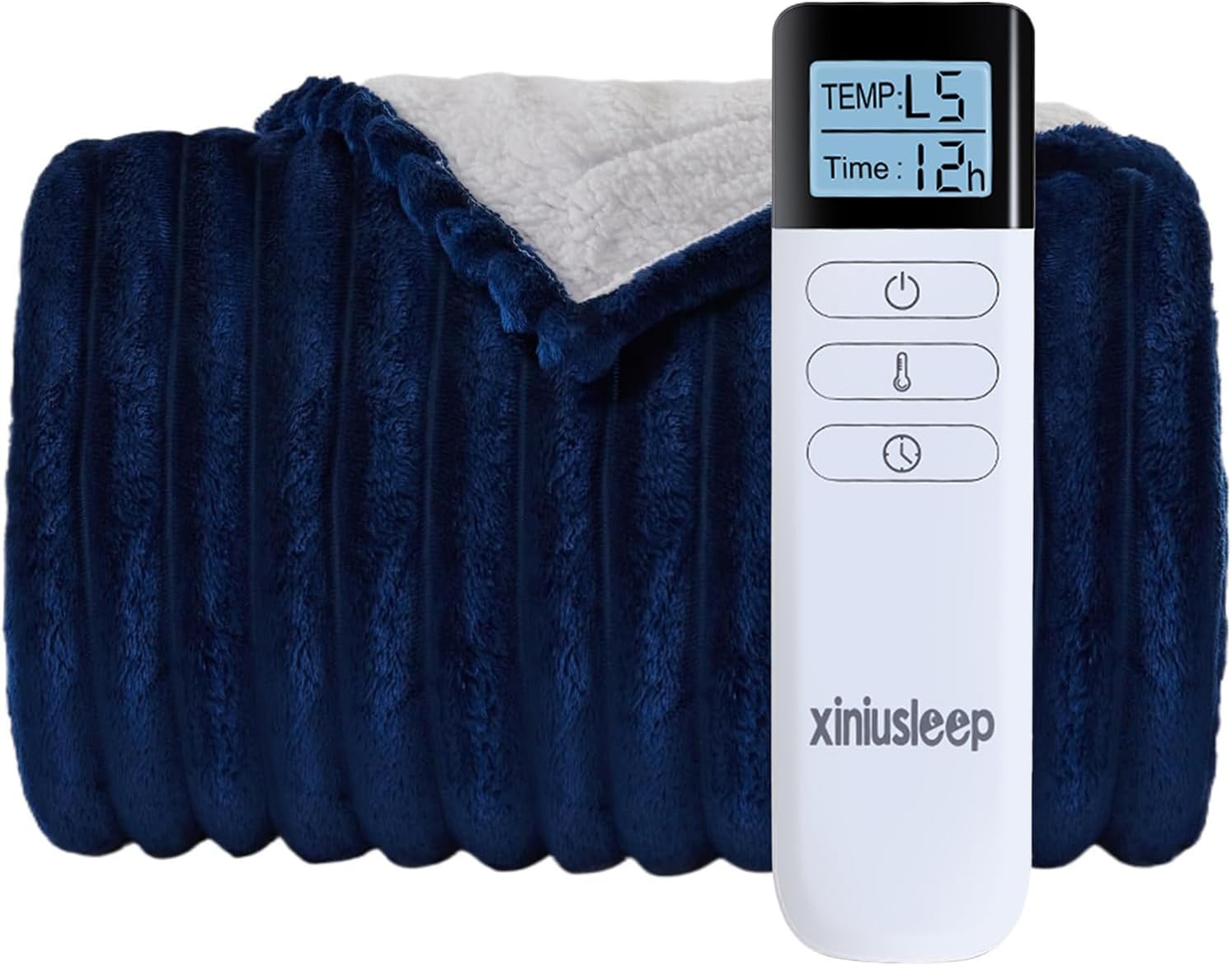 XINIUSLEEP Heated Blanket Electric Blanket 62"x84", Soft Flannel Sherpa Electric Throw with 5 Heating Level & 12 Times Setting, Heated Throw with Overheating Protection, Machine Washable (Navy Blue)