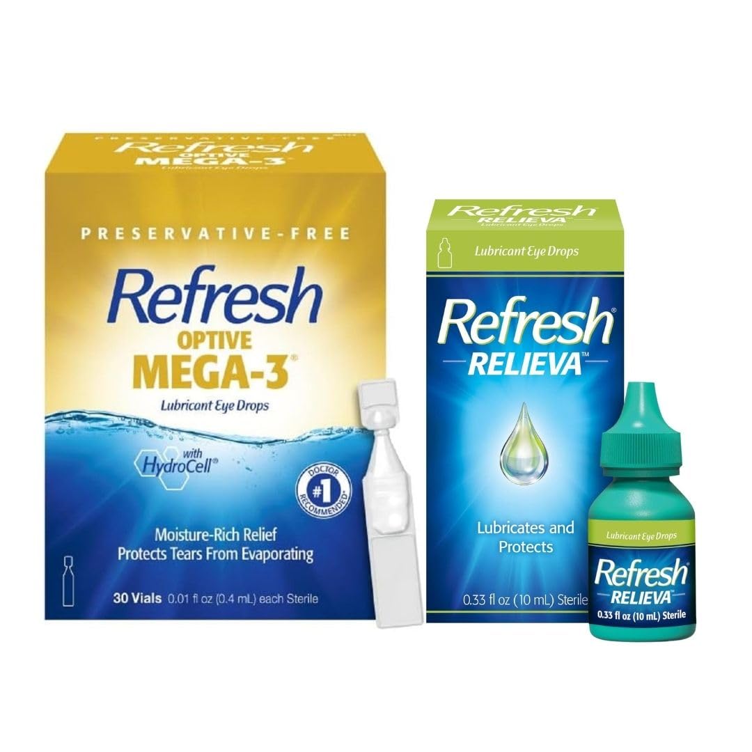 Optive Mega-3 Lubricant Eye Drops, Preservative-Free, 30-0.01 Fl Oz Single-Use Containers + Relieva Lubricant Eye Drops, 0.33 Fl Oz, Packaging May Vary