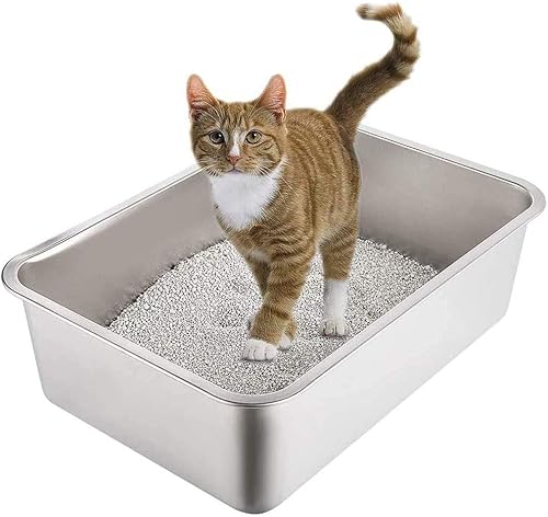 Yangbaga Caja de arena de acero inoxidable para gatos y conejos, bandeja de arena para control de olores, antiadherente, fácil de limpiar, a prueba