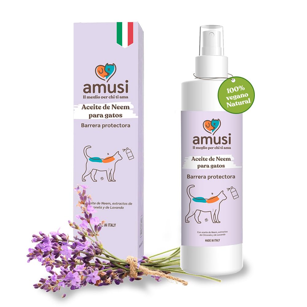Aceite de Neem Spray para Gatos de Amusi 100 ml Made in Italy 100% Natural y Vegano | Spray Gatos antipulgas - contra Insectos y Pulgas - contra Garrapatas, Mosquitos, Moscas, Ácaros y Piojos