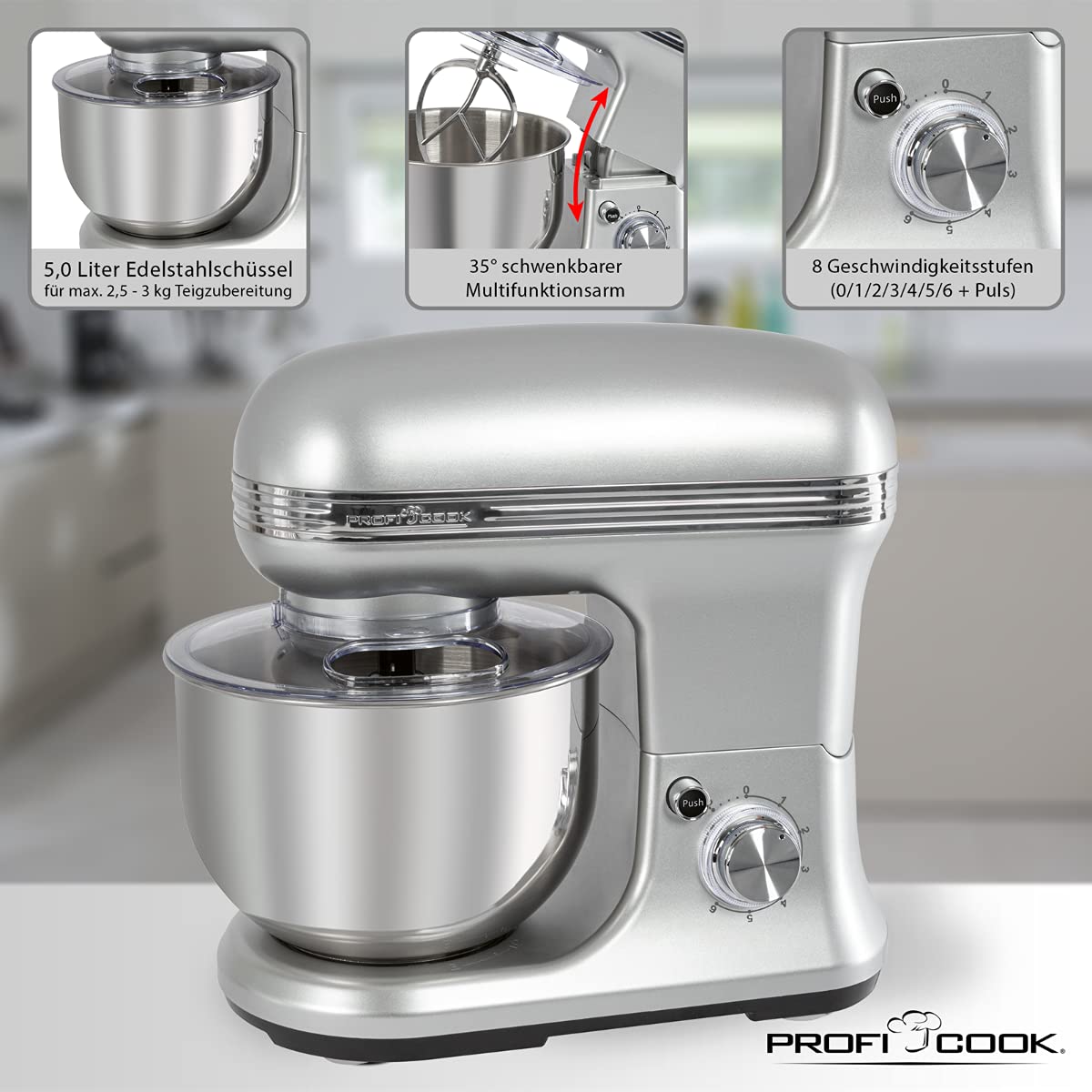 ProfiCook® Knetmaschinen-Set | Knetmaschine und Waage | Spezialgetriebe | 5 Liter | 8 Geschwindigkeitsstufen | 1200 Watt | Messbereich bis 5000 g (in 1 g-Schritten) | Edelstahl | PC-KM 1222 W
