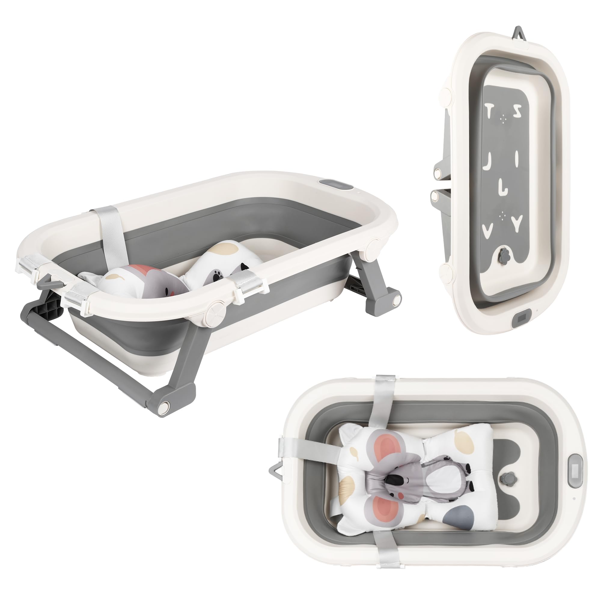 Bañera plegable con agujero de drenaje portátil y termómetro de agua, bañera de baño independiente con cojín de baño para niños, bañera de plástico PP+TPE (gris 83 x 47 x 28 cm)