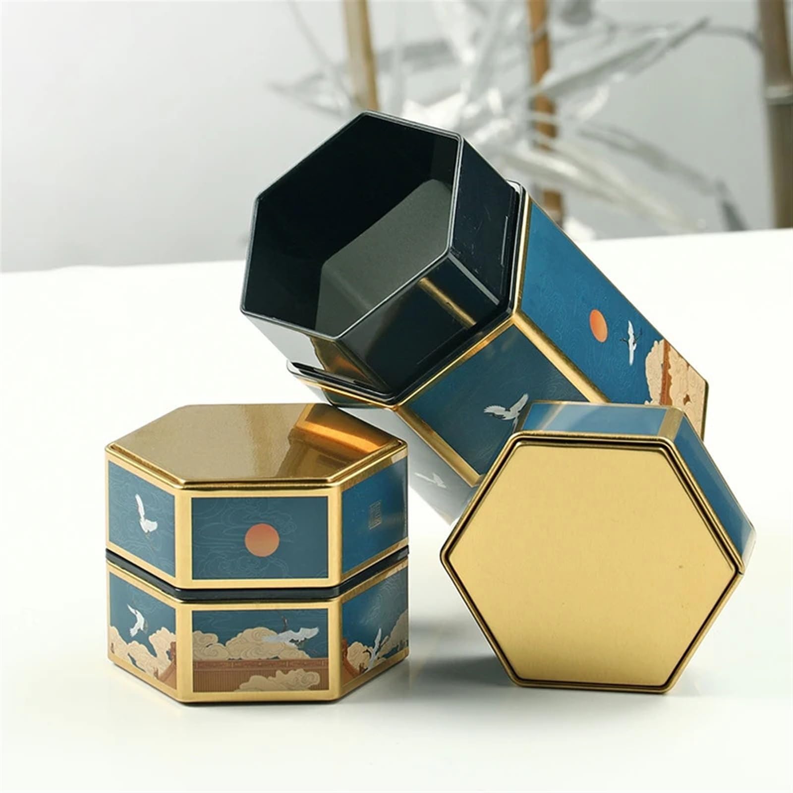 Caja de Te Tetera Hexagonal creativa, lata de, tanque almacenamiento té hojalata, caja portátil sellada, vacía, accesorios juego(StyleC,L)