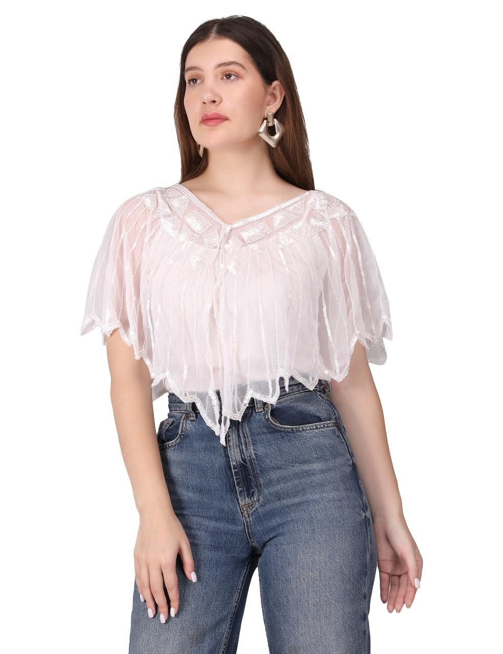 Women's Black Zigzag Sequin Crop | Sheer Net Blouse with V-Neck | Stylish Western Top for Jeans, Skirts, Palazzos & Festive Night Outfits-image-26