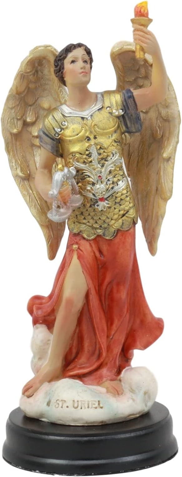 Ebros Catholic Church Archangel Saint Uriel With Holy Spirit Torch Statue With Brass Plated Title Wood Base 5.75"Tall Christian Devotional Altar Sculpture