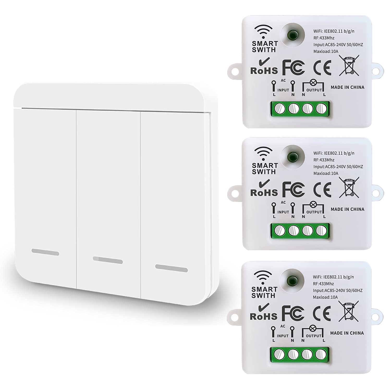 DieseRCMini Wireless WiFi Switch, 2500W 10A RF Relay Remote Control 3 Recievers with 1 Wireless Wall Switch, Smart Control by Phone Via Tuya APP, Compatible with Alexa/Google Home