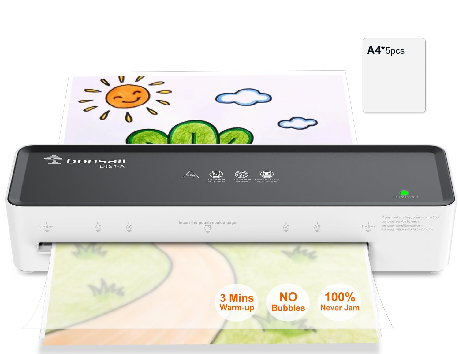 Bonsaii A4-Laminiergerät, verhindert Klemmen und Wellen, geeignet für Büro und Privathaushalt, 80–100 Mikrometer, inklusive 5 Blatt A4-Laminierfolie, L421-A