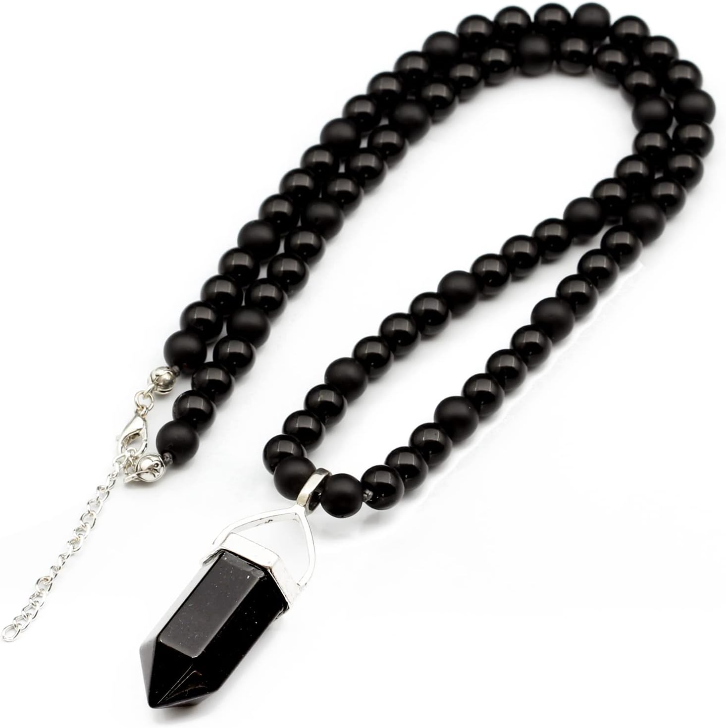ElisaJewelryArt - Big Pointed Onyx Pendant Black Onyx Beaded Necklace Genuine Gemstone Strength Stone Clasp Closure Hematite Necklace Unisex Necklace