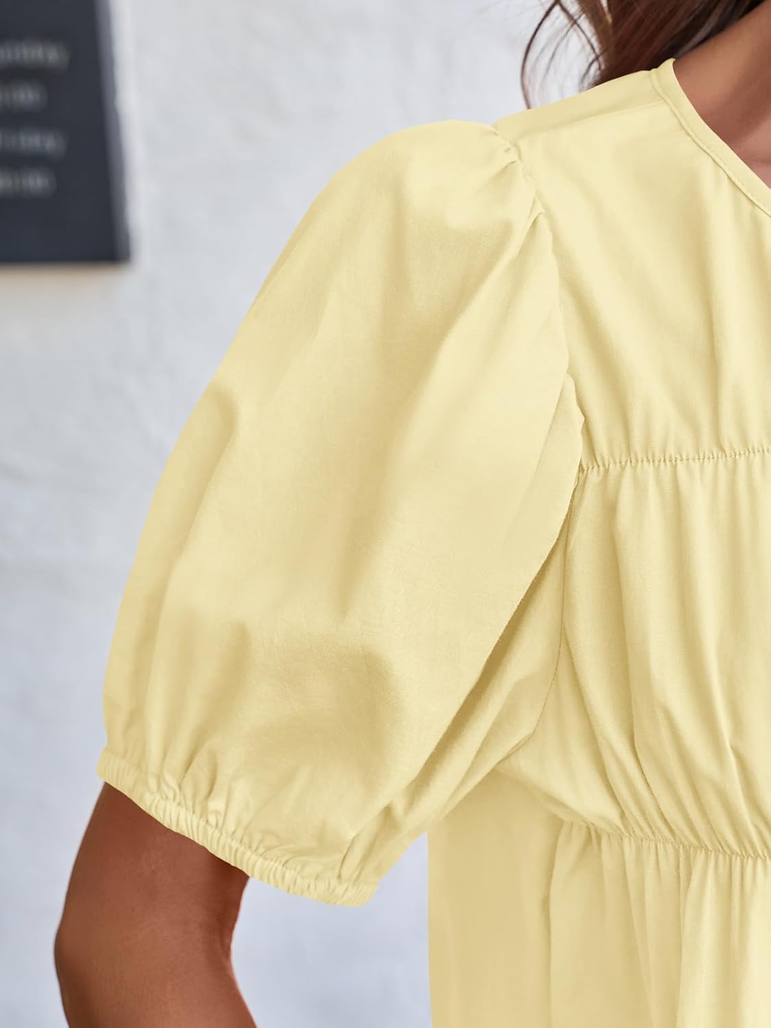 Tankaneo Womens Puff Sleeve Peplum Babydoll Tops Summer Smoked Pleated Cotton T-Shirts Casual Loose Fit Flowy Blouse - Image 2