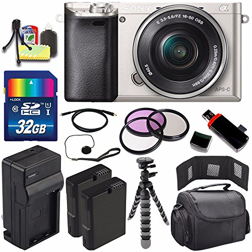 Sony Alpha a6000 Mirrorless Digital Camera with 16-50mm Lens (Silver) + Battery + Charger + 32GB Bundle 5 - International Version (No Warranty)