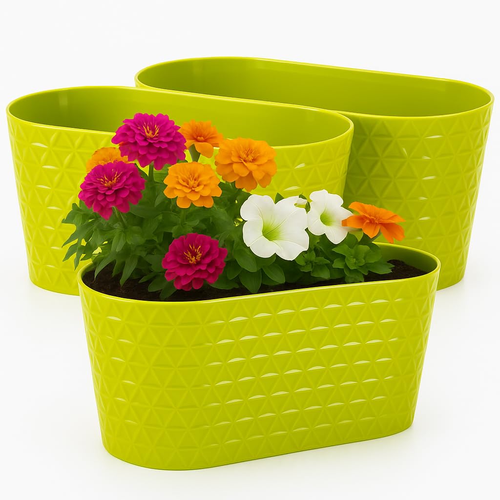 Home Garden Ornaments Oval Long Indoor Plant Pots 27 cm – Pearly Herb & Succulent Planter Pots, Decorative Window Flower Pots, Green Lime
