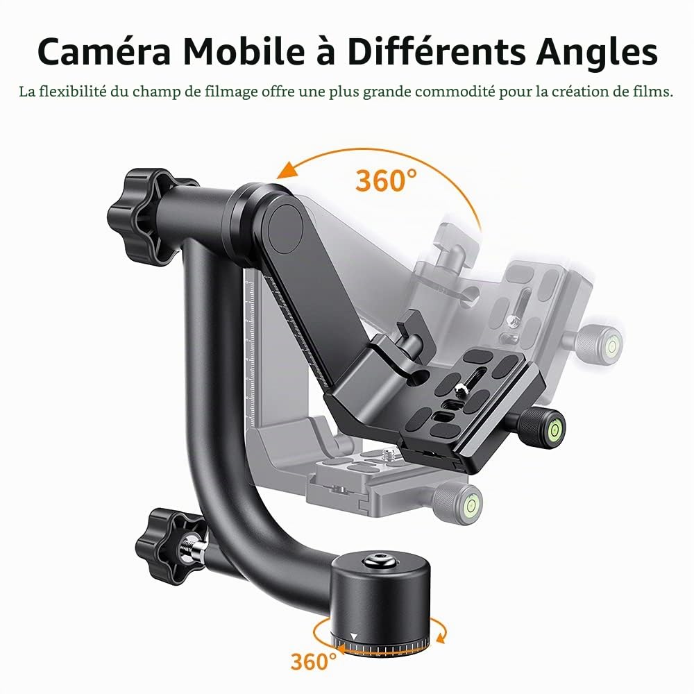 K&F Concept Tête de Trépied Panoramique 360° en Aluminium Plaque Rapide Standard 1/4" et Niveau à Bulle, Plage de Levage 70mm Charge 20KG pour Caméra Appareil Photo Reflex Numérique DSLR