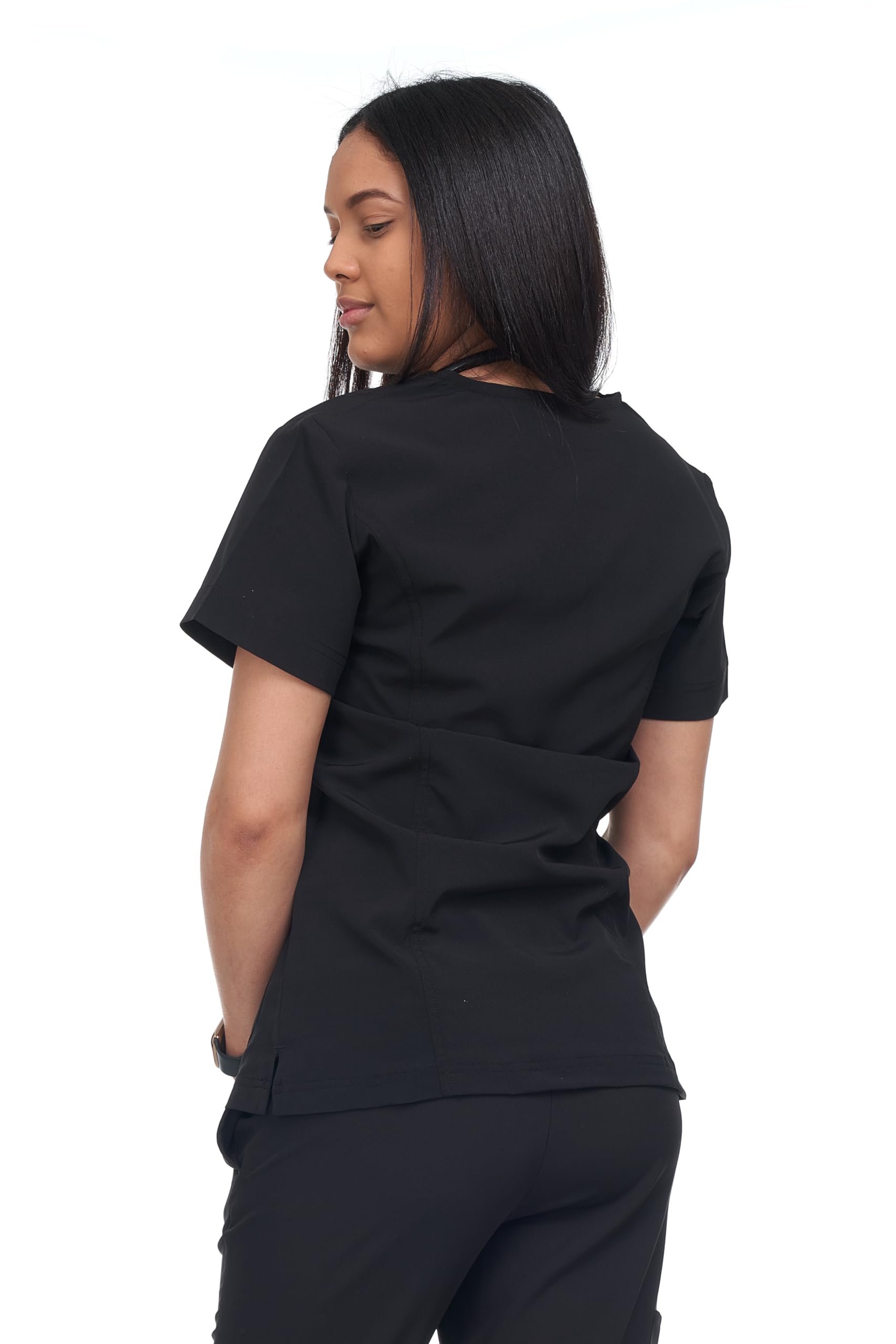 Nurse Scrub Tops for Women, Relaxed Fit, Lightweight Cotton Blend, Flexible Comfort, 4 Way Stretch (US, Alpha, Medium, Regular, Regular, 1, Black)