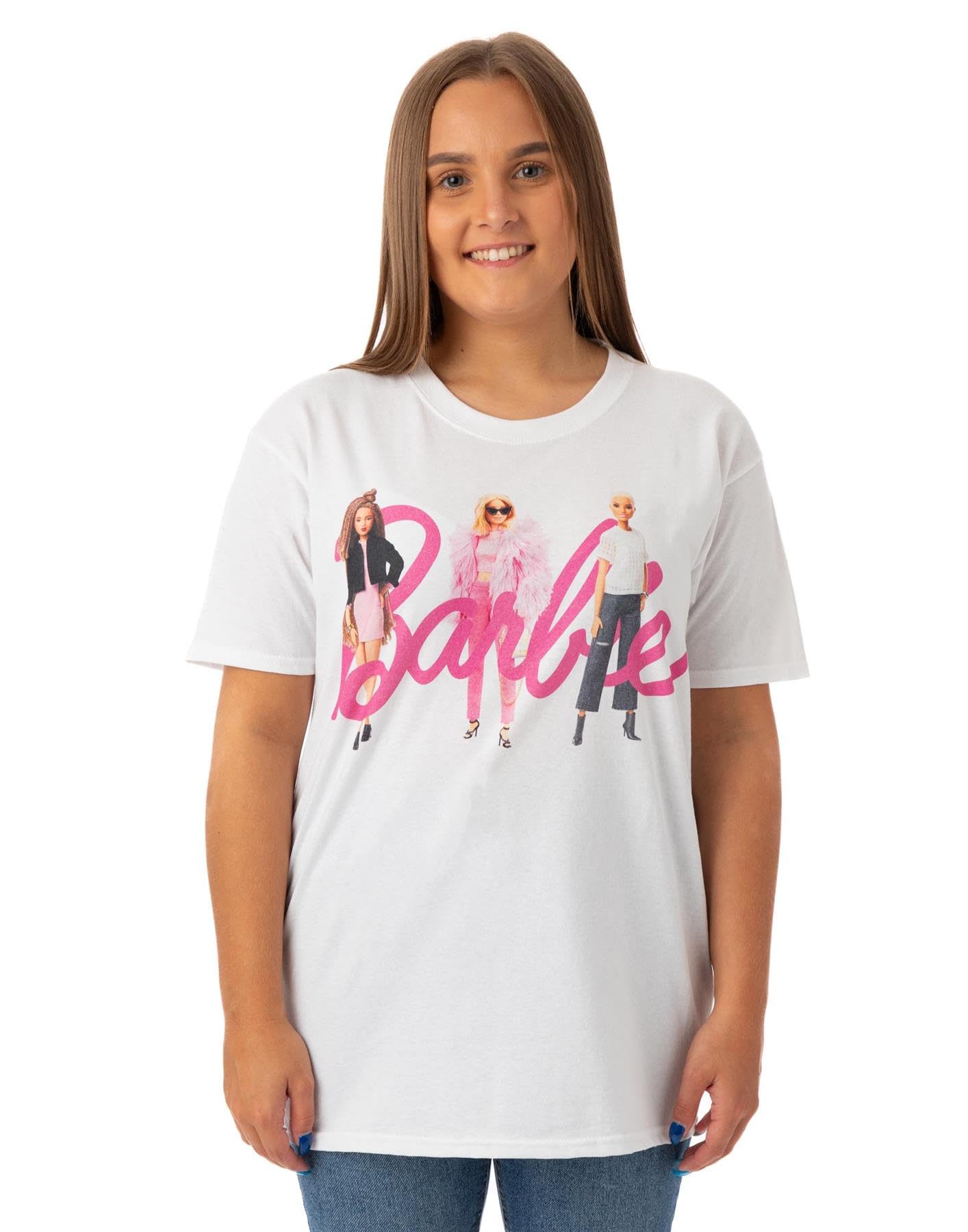 Barbie Womens T-Shirt | White Classic Pink Logo with Dolls Graphic Tee for Ladies | Retro Short-Sleeved Fashion Top | Doll Oversized Tshirt Movie Merchandise Gift for Adults