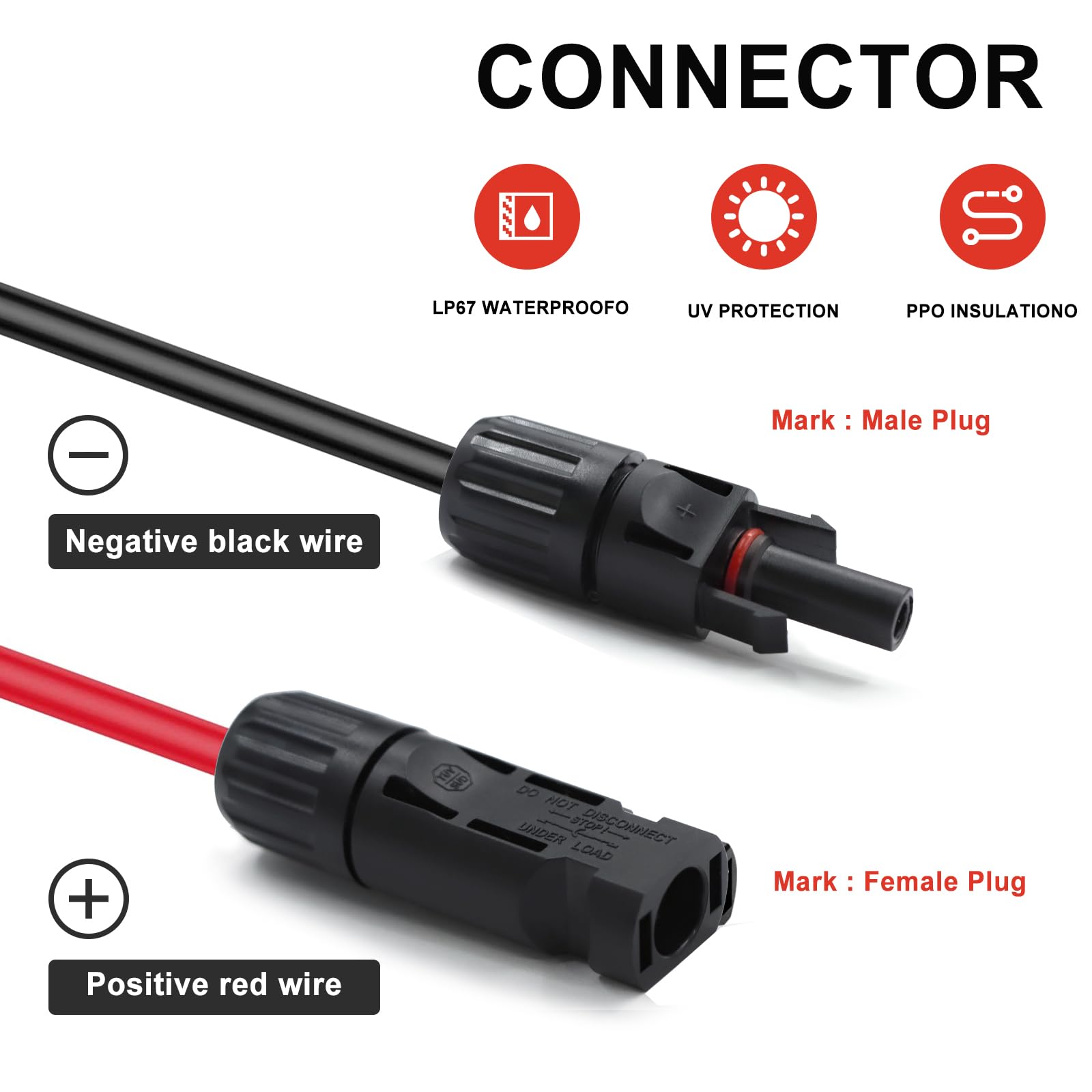 Cavo di prolunga a doppio filo, 6 mm², connettore per pannello solare da 10 AWG, con 4 paia di connettori solari maschio/femmina IP67 per pannelli solari marini per auto, camper, barche