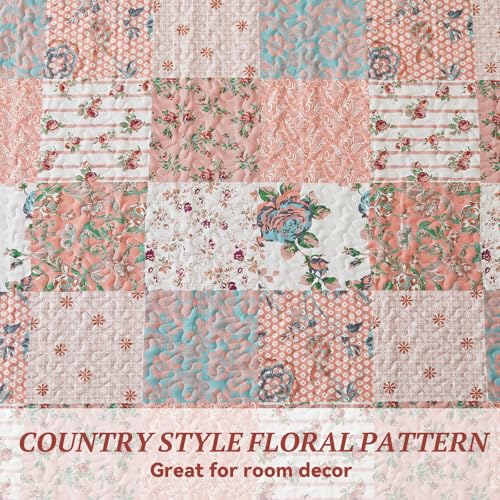 Qucover Quilted Bedspread King Size, American Style Pink Floral Patchwork Quilts Summer Bedspreads 230x260cm - Image 3