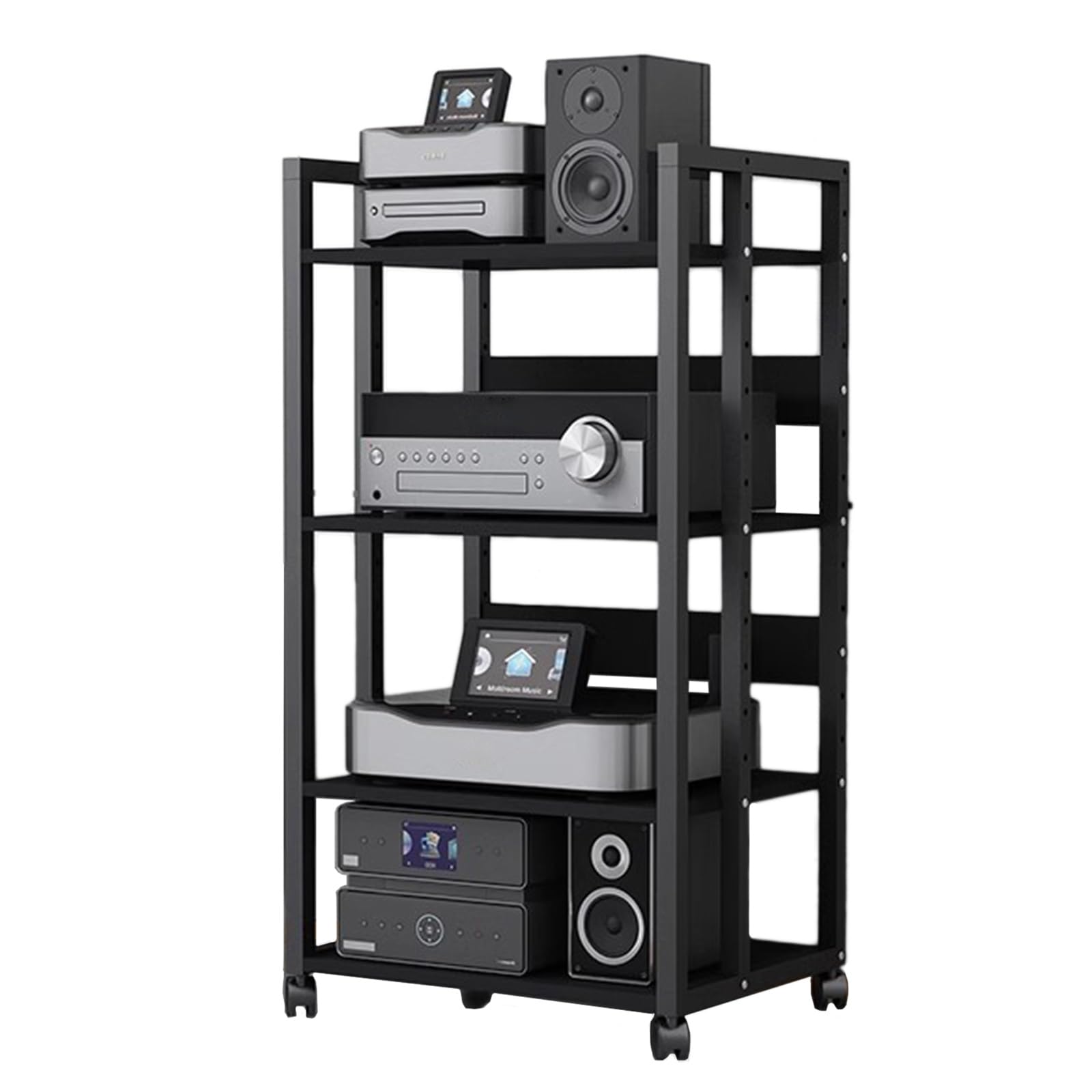 WDJBPSH Large Stereo Cabinet Rack with Wheels, 4/5-tier Gaming Audio Equipment Organizer Holder for CD/DVD Players Receiver Printers Display, Easy Assemble(Size:4-Tier)