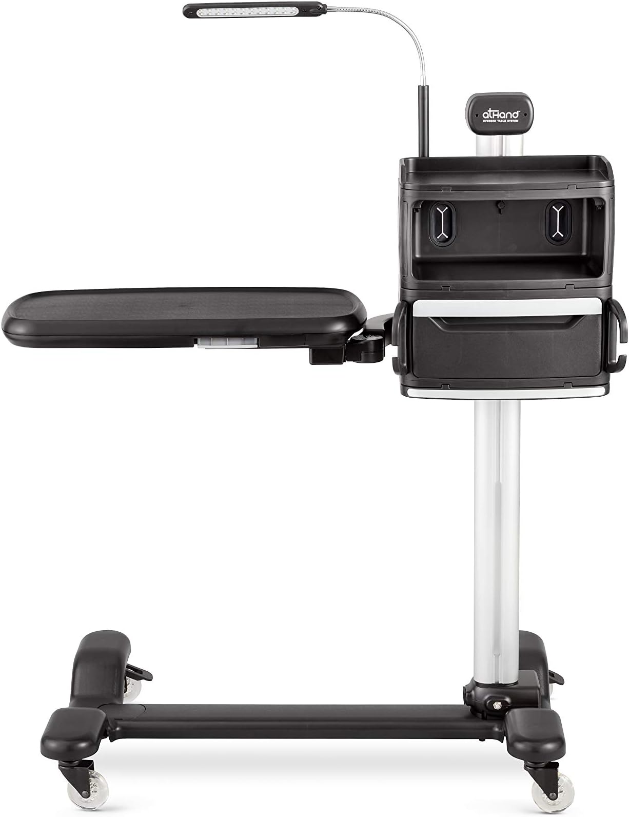 atHand Overbed Table System: The ONLY Tray Table with Storage Shelves, Charging Ports, Extra Power Outlets & Reading Lights. Table for Chair & Bed Side (Black, Right Side)