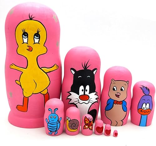 Muñecas de anidación rusas, preciosas muñecas de anidación rusas hechas a mano de color rosa encantador, juego de muñecas Matryoshka de 10 piezas