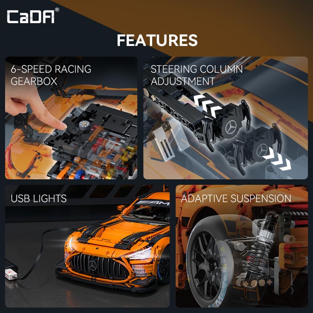 CaDA Master C64008W Mercedes-AMG GT3 features including gearbox, steering, USB lights, and adaptive suspension