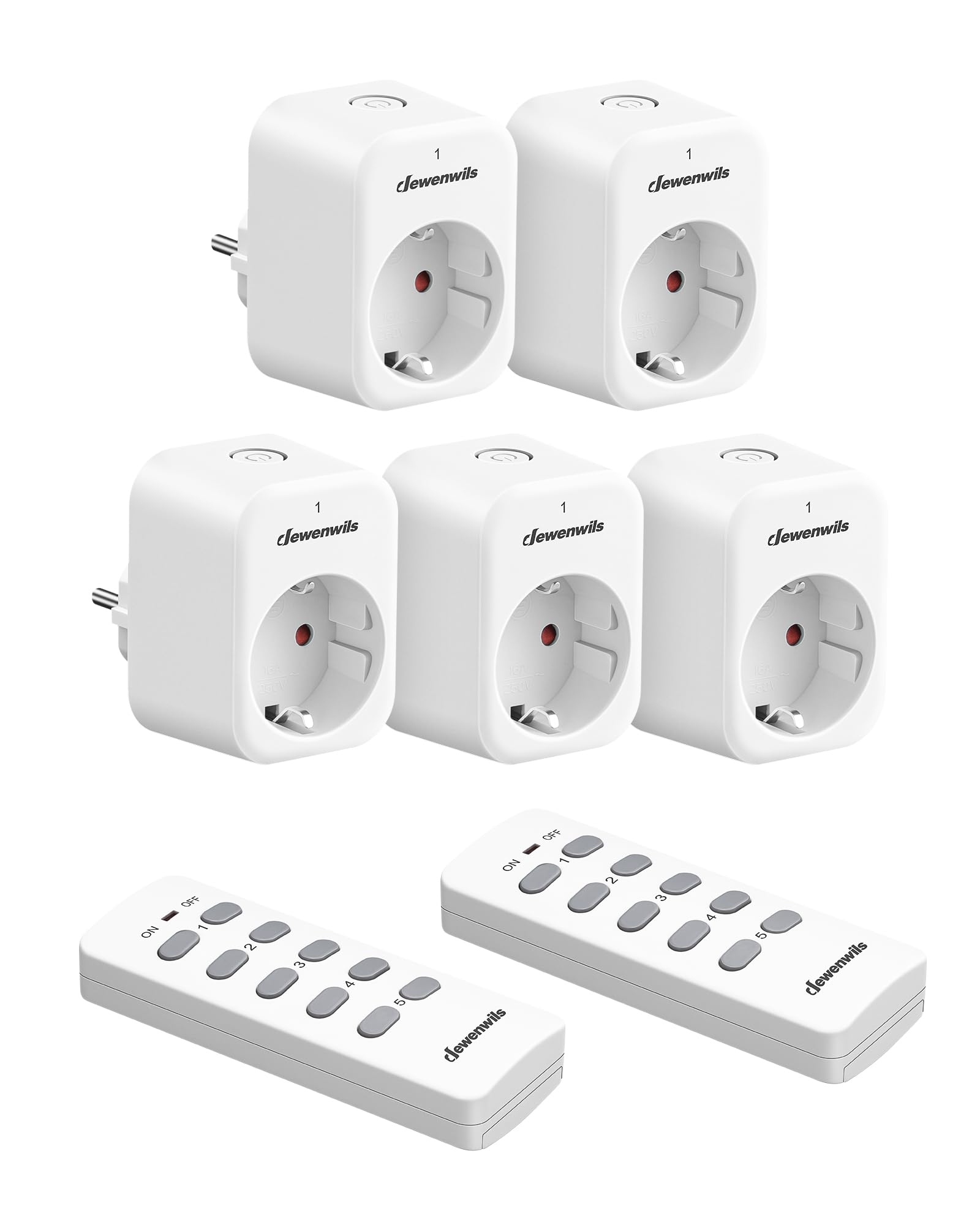 DEWENWILS Prises Sans Fil avec 2 Télécommandes, 10A 2300W, 5 Prises | Sans Câble Requis, Interrupteur Lumière Extensible pour Décoration de Fêtes, Portée 30 m, Préprogrammé, Blanc