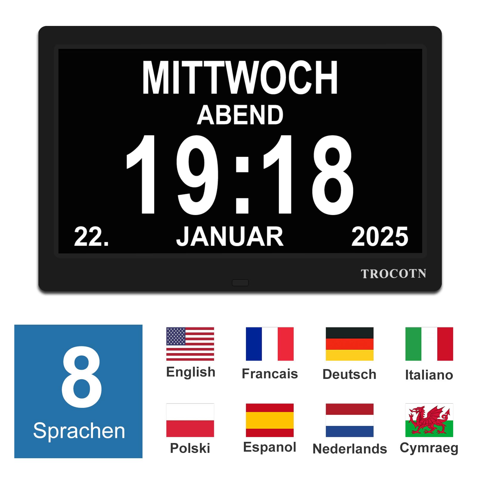 TROCOTN Demenz Uhr Senioren Digitale Uhr Tagesuhr Großes Display Wecker Wanduhr (Schwarz,10 Zoll)
