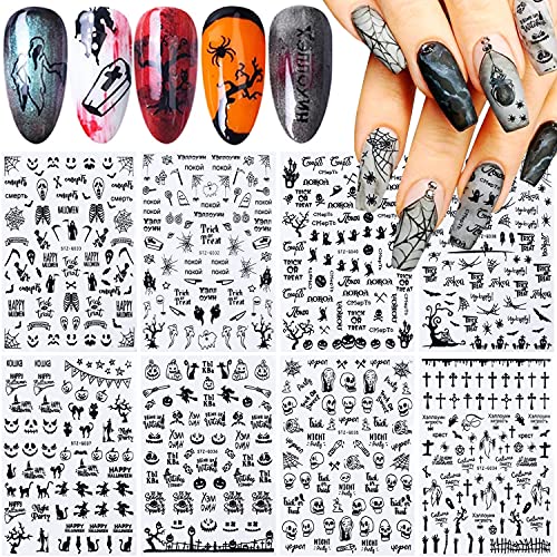 9 Sheets 3D Halloween Nail Stickers Self-Adhesive Nail Decals Black Skull Witch Pumpkin Cat Ghost Spider Nail Art Stickers Holiday Halloween Nail Designs Manicure Tips Charms Nail Decorations
