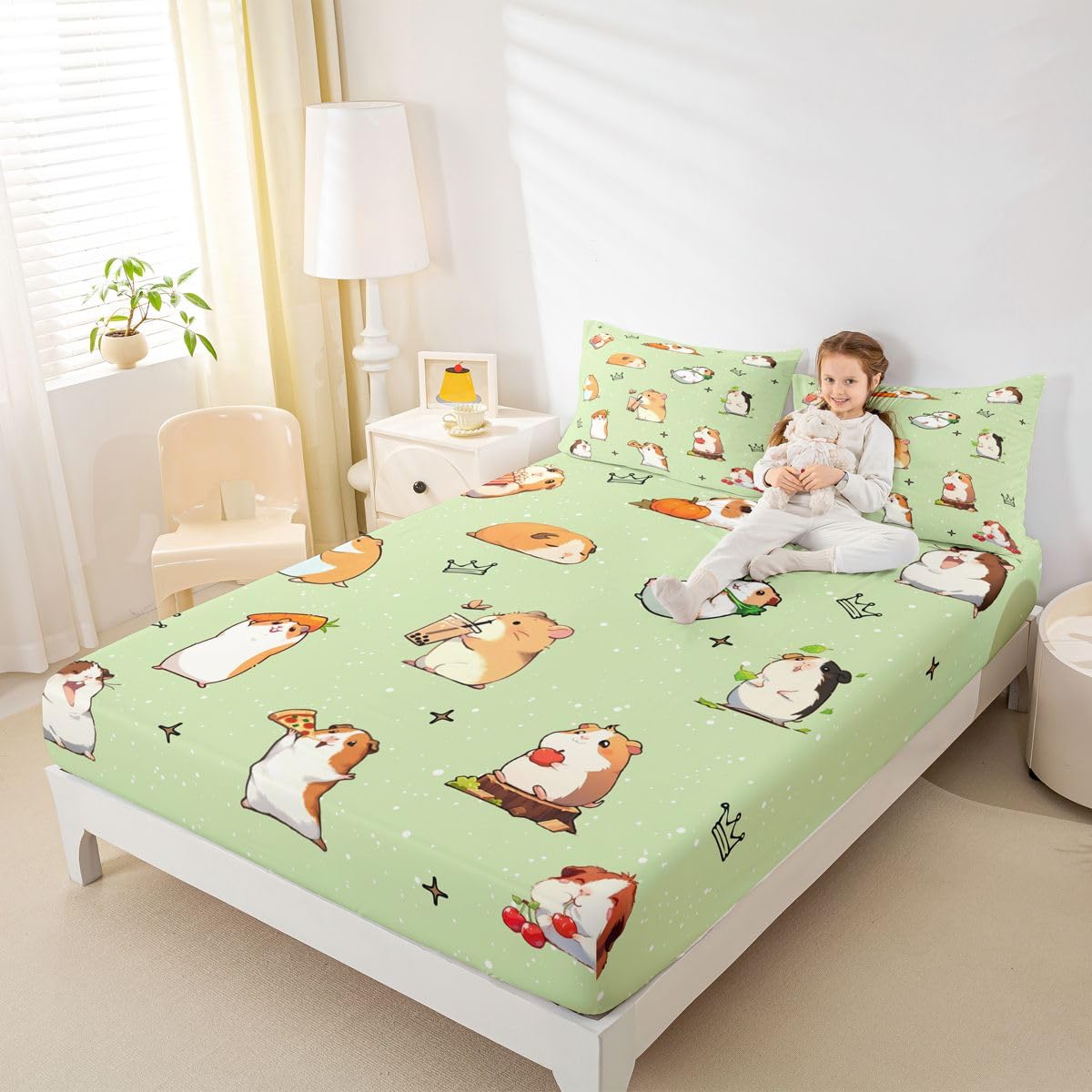 Homewish Świnka morska zestaw pościeli król kawaii mysz dopasowane prześcieradło mleko herbata owoce prześcieradła, gryzonie zwierzę narzuta na łóżko 3 szt