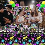 Neon Party Supplies Serves 24,Glow in The Dark Themed Tableware Including Plates,Napkins,Banner,Tablecloths Neon Birthday Party Decorations for Let's Glow Baby Shower Birthday Favors - Image 3