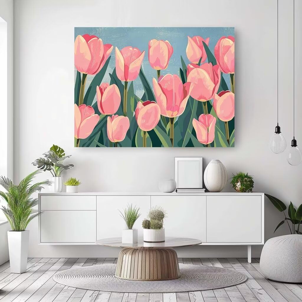 Kwiat do malowania po numerach, dla dorosłych (70 x 90 cm), zestaw do malowania tulipanów po numerach, dla początkujących, z pędzlami akrylowymi, pigmentem, rysowaniem, malowaniem, rzemiosłem