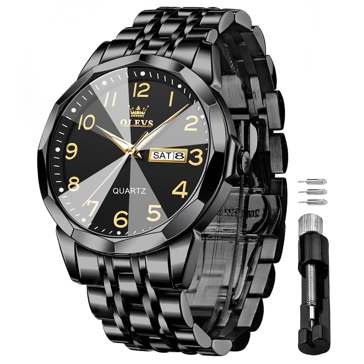 OLEVSWatches for Men Stainless Steel Analog Quartz Waterproof Luminous Luxury Dress Date Diamond Business Casual Mens Wrist Watch（Gold/Blue/Black/White Dial）