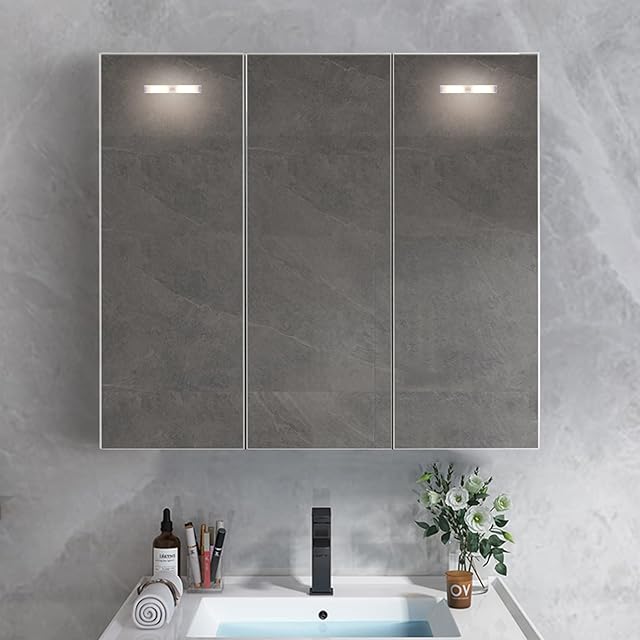 OFCASA 3 Doors Bathroom Mirror Cabinet with LED Sensor Lights Wall Mounted Bathroom Mirror Storage Cabinet with Adjustable Shelf Cabinet for Bathroom Shower Room