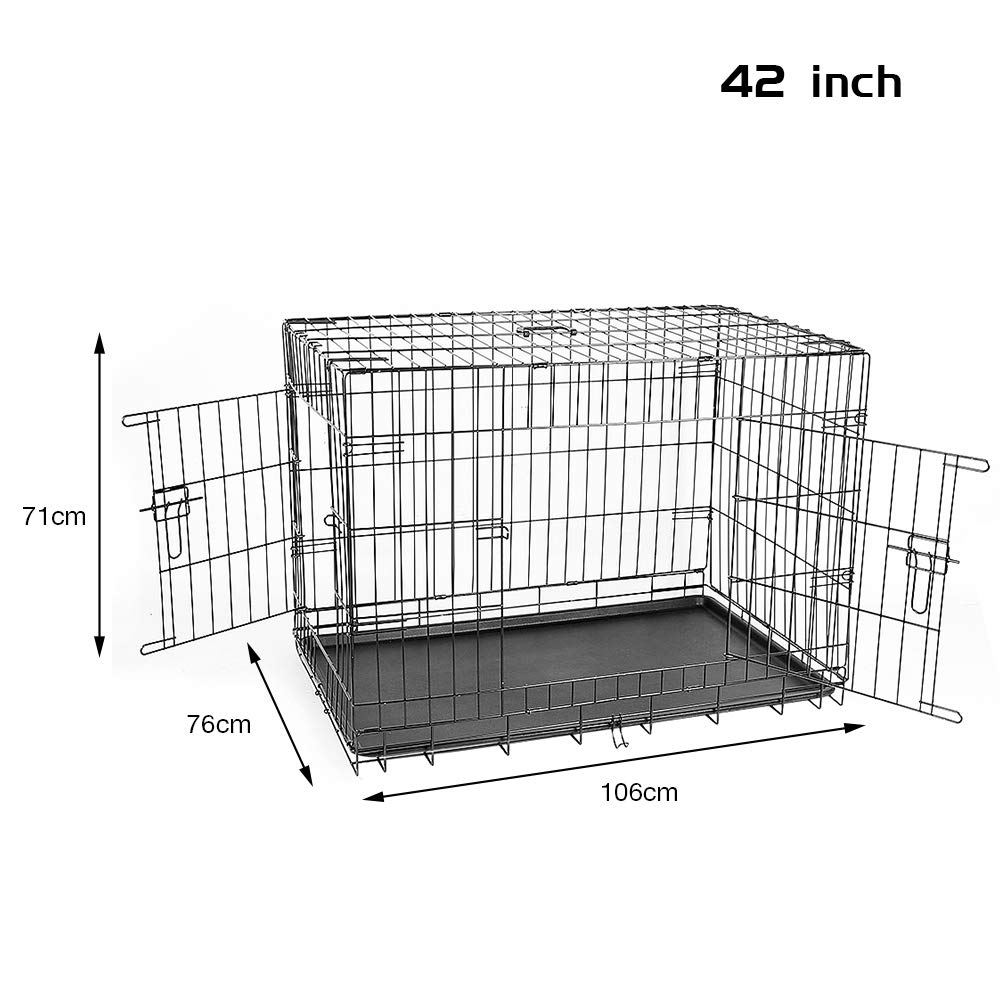 Jaula para perro, jaula de transporte para perros con 2 puertas, jaula de perro interior con asas y bandeja negra, doble puerta extraíble, fácil limpieza (106 x 76 x 71 cm)