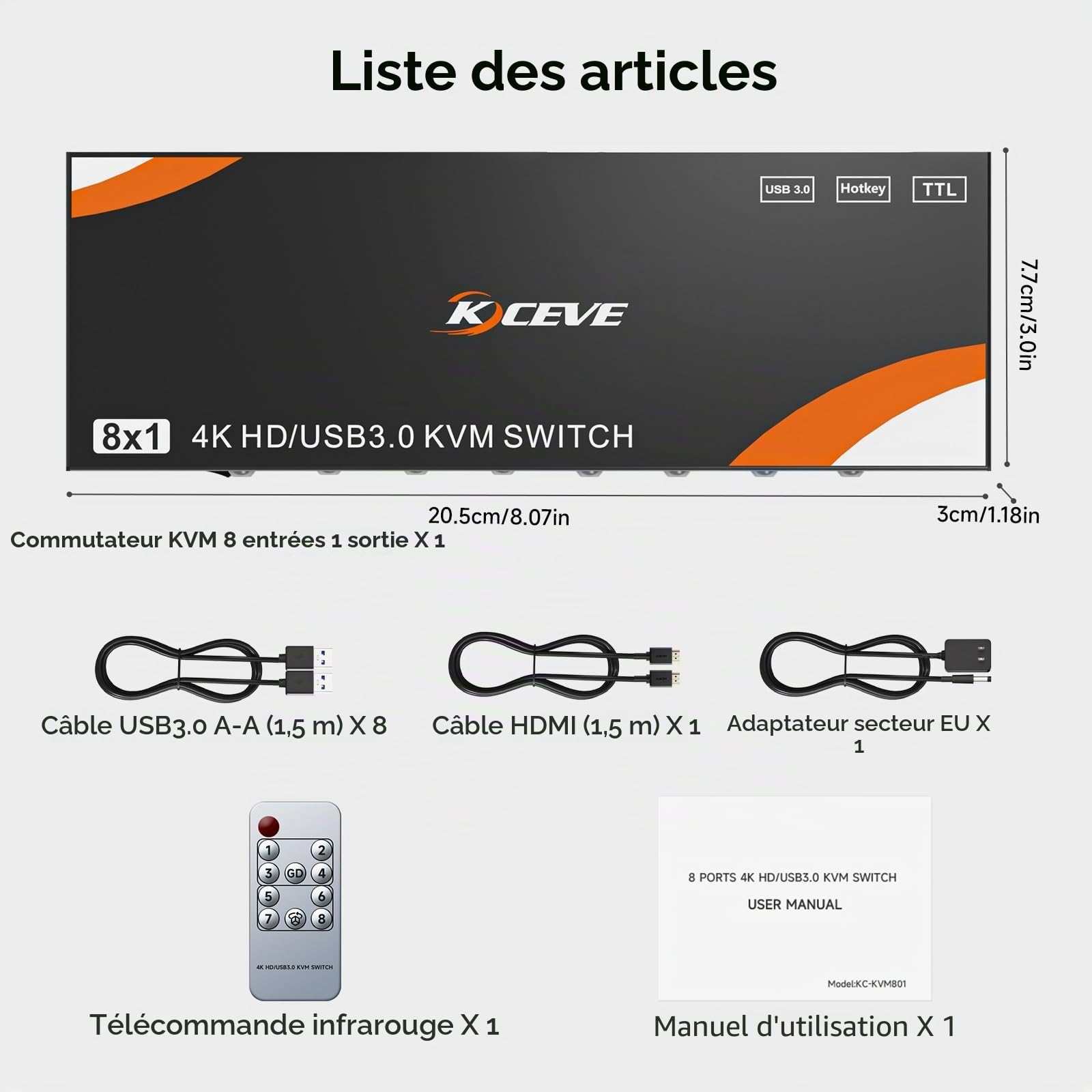 Commutateur KVM HDMI 8 ordinateurs et 1 moniteur, commutateur KVM USB 3.0 avec prise en charge 4K @ 60 Hz pour 8 PC avec clavier et souris communs, compatible avec Windows/Linux/Mac, etc