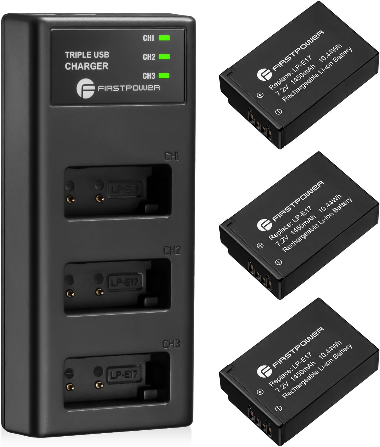 FirstPower LP-E17 Battery 3-Pack and Triple Slot Charger for Canon EOS RP R8 R10 R50 R100, Rebel T8i, T7i, T6i, T6s, SL2, SL3, EOS M3, M5, M6, 77D, 200D, 750D, 760D, 800D, 8000D Camera