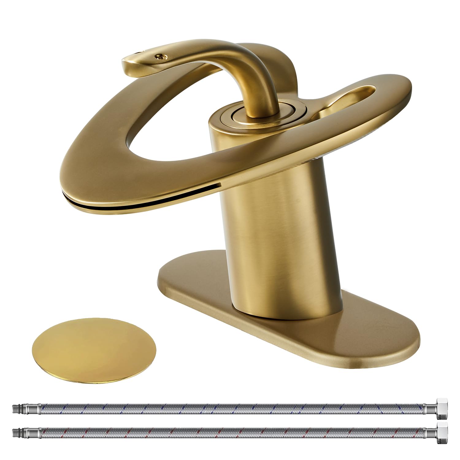 Wovier Brushed Gold Waterfall Bathroom Sink Faucet,Single Handle Single Hole Brass Lavatory Vanity Faucet,Basin Mixer Taps with Supply Hose and Pop Up Drain Assembly