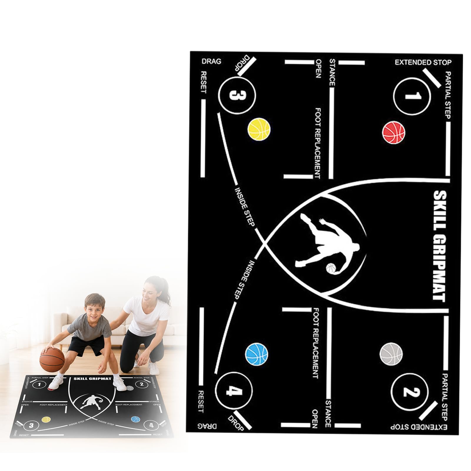 Basketball Trainingsmatte 120x80cm mit rutschfestem Gummiboden, vorgedruckte Übungsfelder für Indoor Outdoor Agilität Dribbling und Koordinationstraining Kinder bis Erwachsene Schwarz