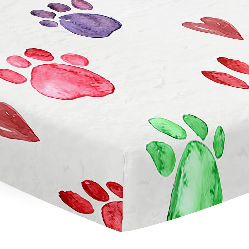 Odot Cot Bed Fitted Sheets Travel Cot Sheets, Cute Dog Paw Print Microfiber Mattress Protector Cozy Breathable Toddler Baby Kids Bedding for Cradle, Cribs, Bassinet (Watercolor,90x55cm)