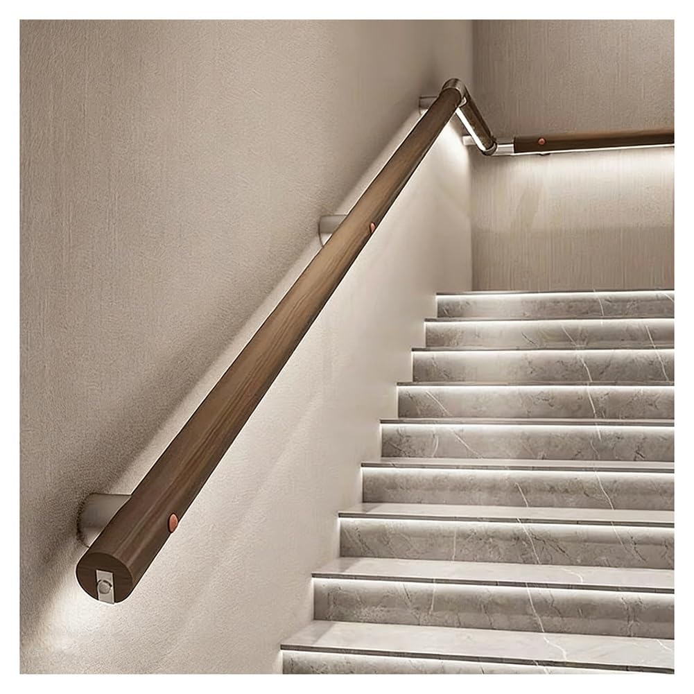 LED Handrail Wooden Stair Railing, Wall Mounted Staircase Handrails with Sensor, Pine Wood Material(Brown-Left,100cm)
