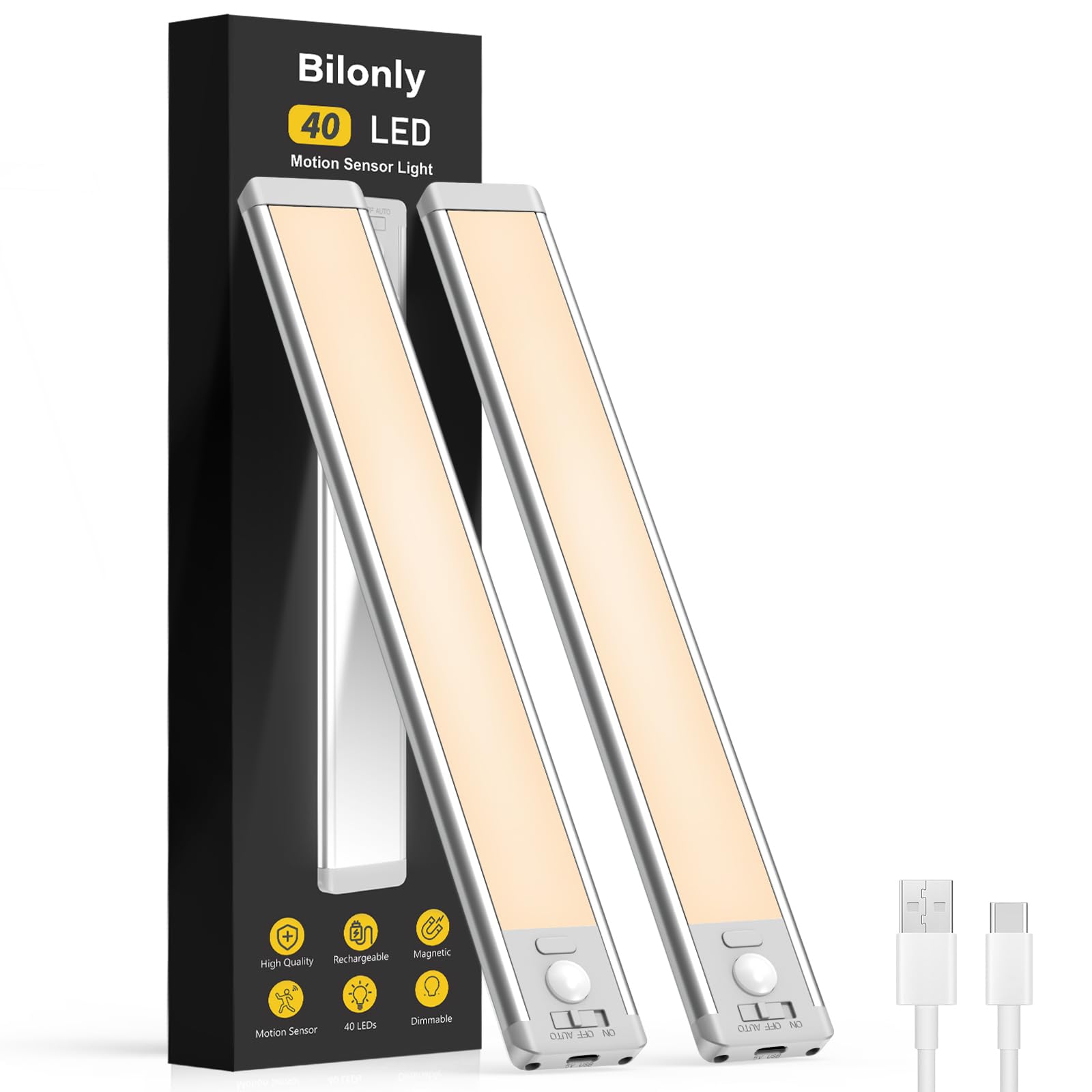 Bilonly Under Cabinet Kitchen Lights, 40 LED Rechargeable Motion Sensor Light Indoor, Magnetic Dimmable Under Cupboard Kitchen Lights, Wireless LED Strip Light for Stairs, Wardrobe, Hallway, 2 Pack