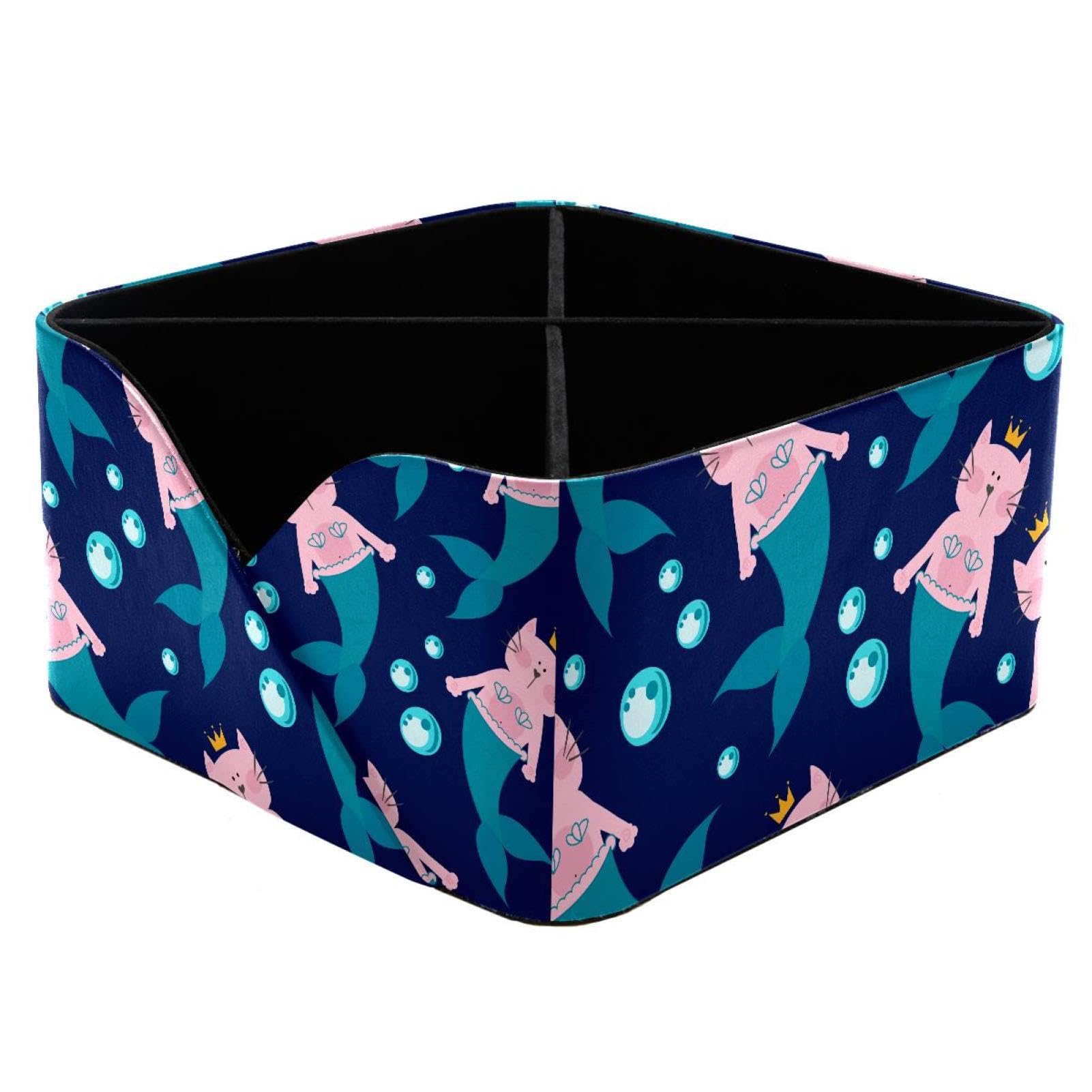 KengjuTesu Cartoon Cat Mermaid and Bubbles Pattern Desktop Organizer Pen Holder, Rectangular Pencil Cup for Office, Study and Makeup Stations
