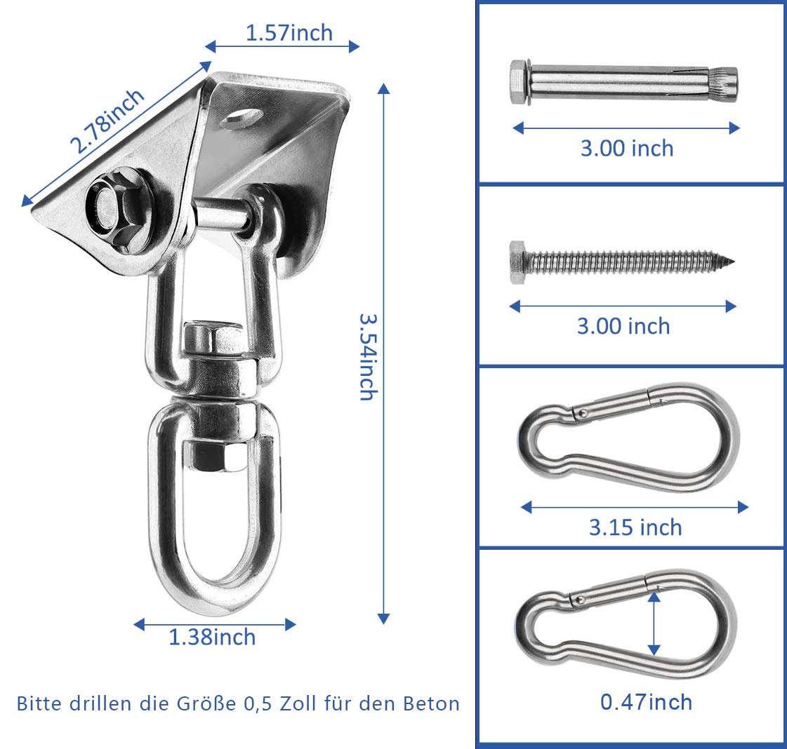Ganchos de Techo SUS304 Stainless Steel Tarea Pesada 360° Rotate Anclaje de Techo para Hormigón y Madera Yoga, Hamacas, Sillón Colgante, Saco Boxeo Capacidad 450Kg (2 piezas 360°)
