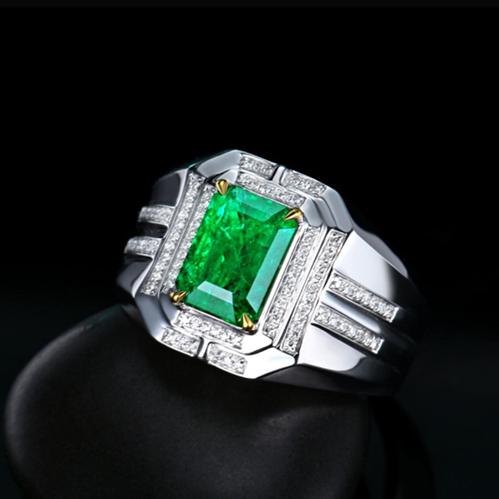 AMDXD Anillo para hombre de oro 750 plata de ley 925, laboratorio rectangular, esmeralda de 1,5 quilates con moissanite de 0,22 quilates, anillo solitario, anillo de compromiso, joya auténtica,